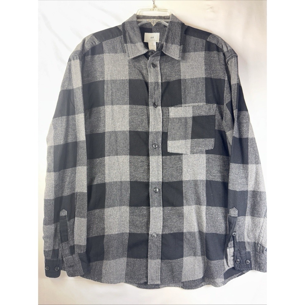 H&M Thick Flannel Casual Button Up Shirt Men's Medium Black Buffalo Check‎ Plaid